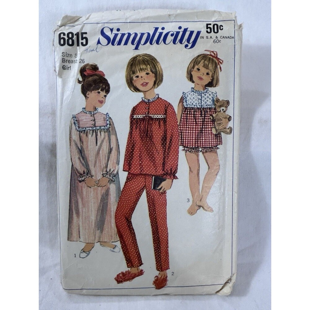 Vintage 1960s Simplicity 6815 Nightgown Pajamas Pattern Sz 8 CUT